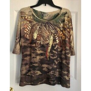 Seventh Avenue Women's Tops Size Large Camo with Leaves in Gold tone Pullover